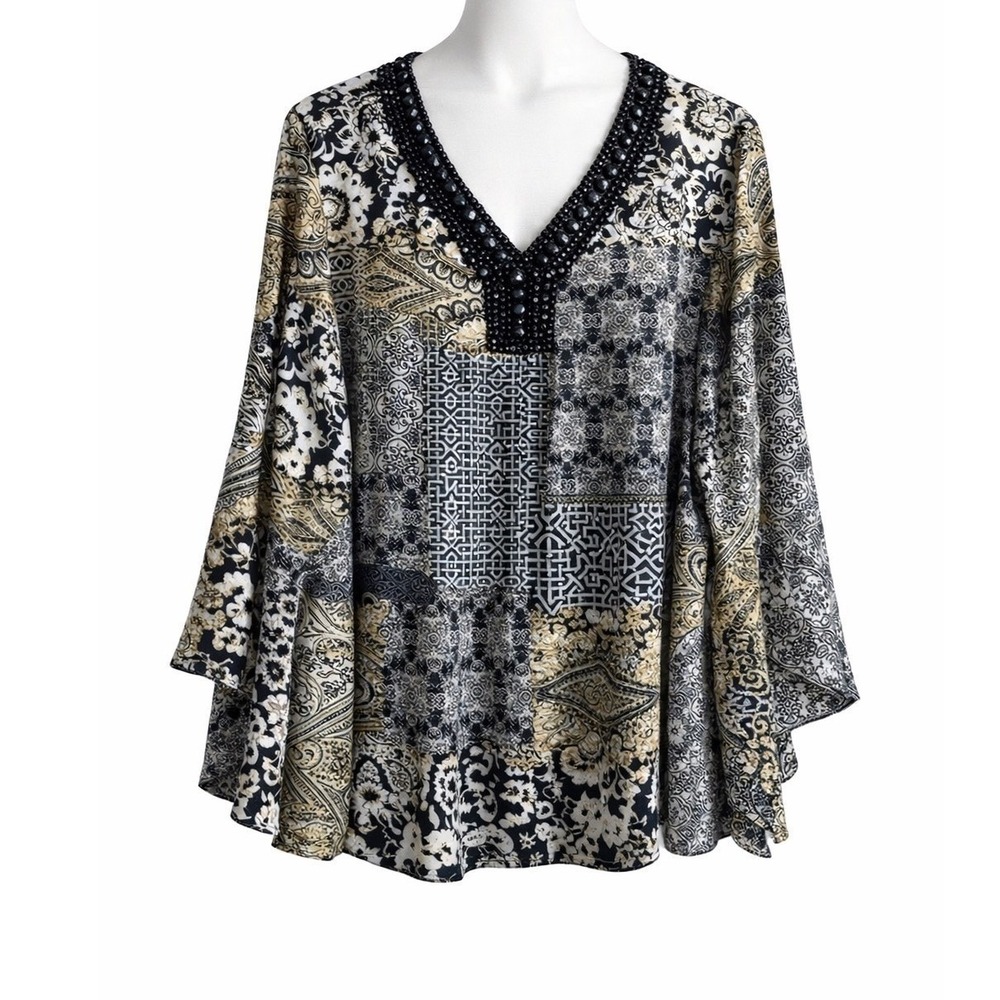 Cato Women Boho Chic Paisley Top 18/20W Black Yellow Beaded Bell Sleeve Top